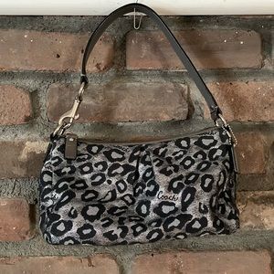 Coach silver and black leopard print cloth shoulder bag